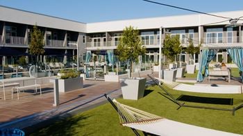 A rendering of an outdoor area with hammocks and lawn furniture